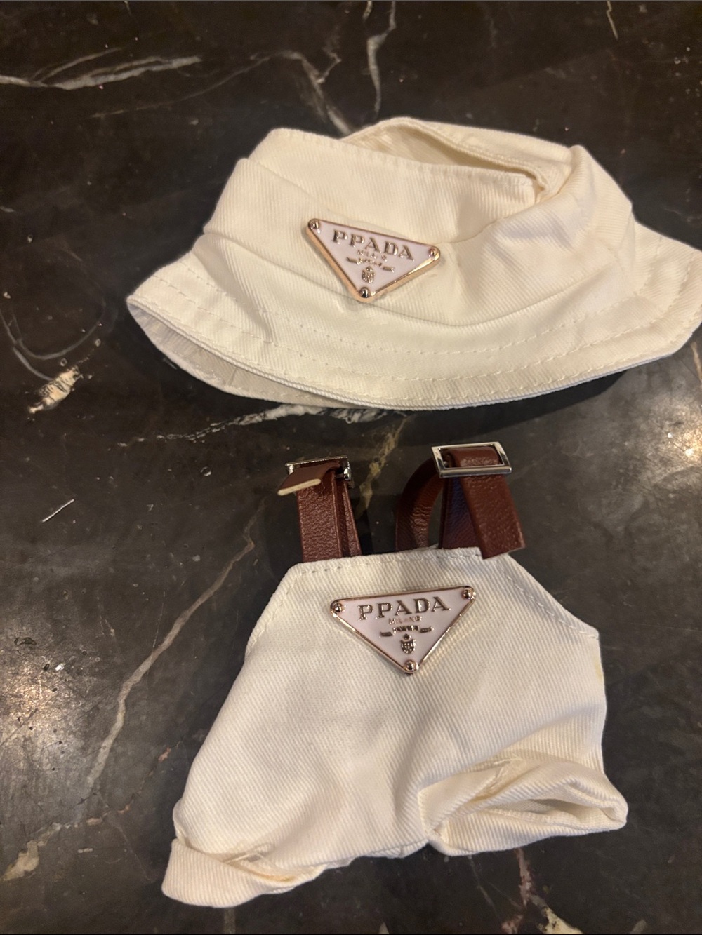 Prada  Cream Bucket Hat & Cream Harness with Brown Straps for Labubu doll /17cm